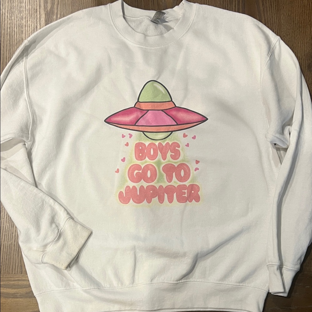 Boys Go To Jupiter Gildan White Sweatshirt with Pink & Green UFO Graphic